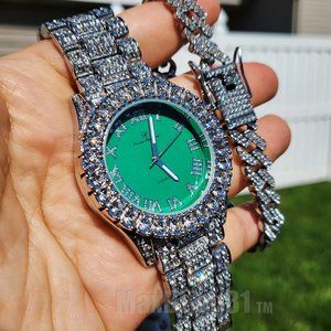HIP HOP SILVER TONE LUXURY GREEN DIAL METAL WATCH & ICED CUBAN BOX LOCK BRACELET